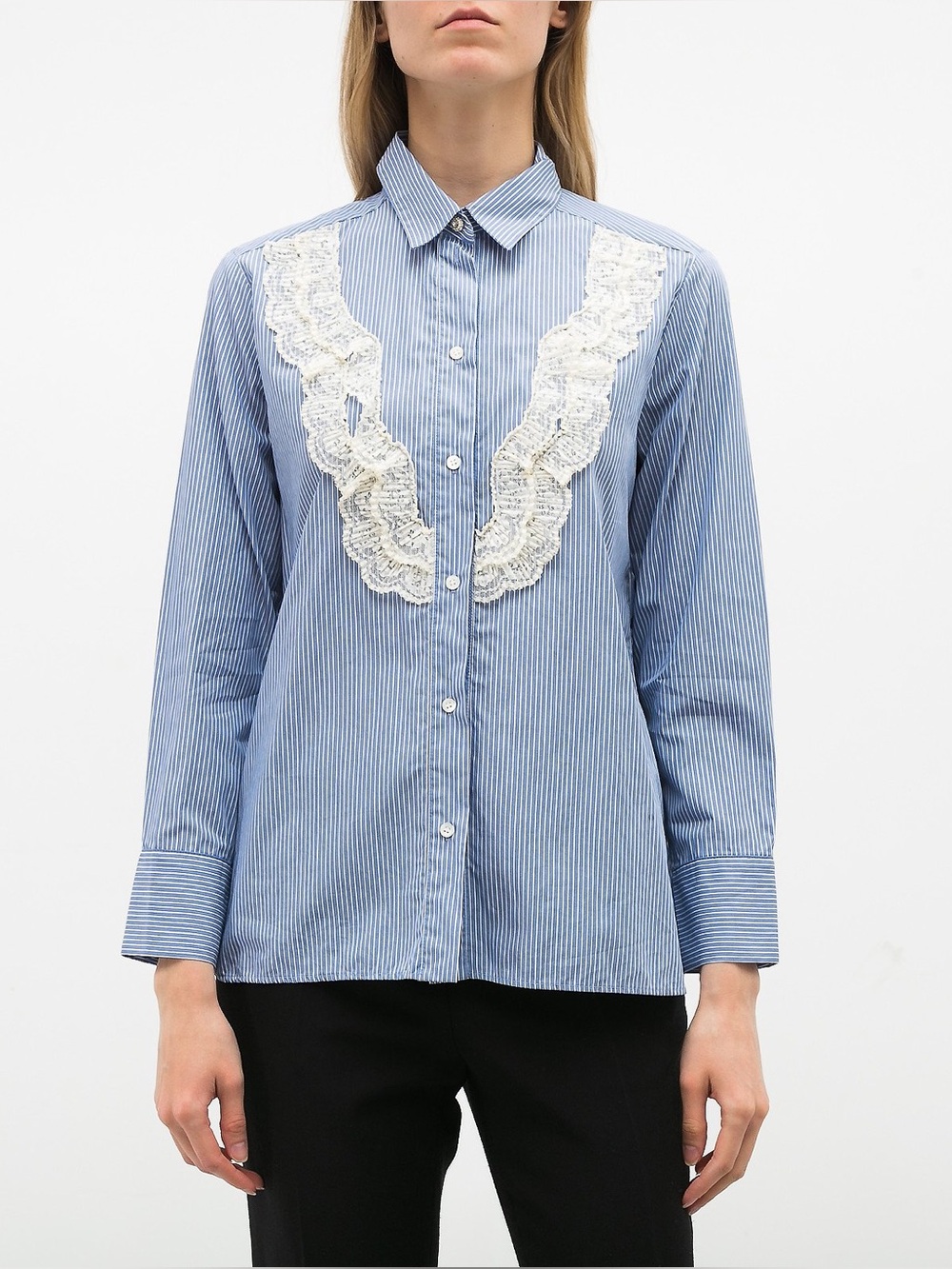 Sandro Paris Blue Striped Lace Ruffle Button Up Blouse Size 3 M/L French Classic - Picture 2 of 12